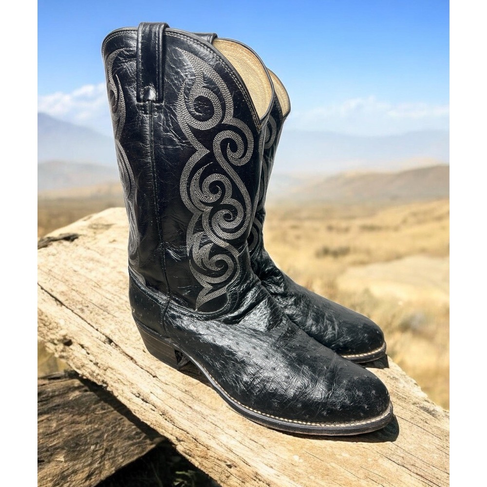 VTG Dan Post Full Quill Ostrich Black Western Boots Mens Size 13 D USA Handmade